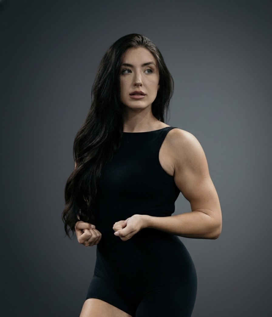 Brooke in a black bodysuit, studio portrait