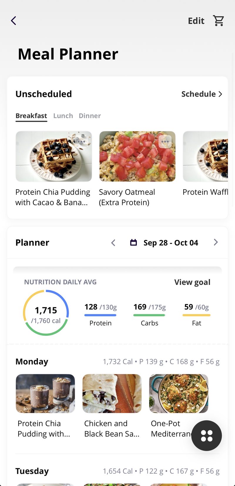Meal Planner screen in the Built Brand app with scheduled meals and daily macros