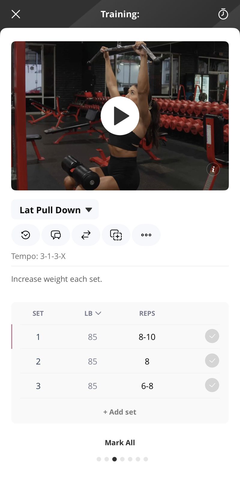 Workout screen in the Built Brand app with exercise video, tempo cue and tracked sets